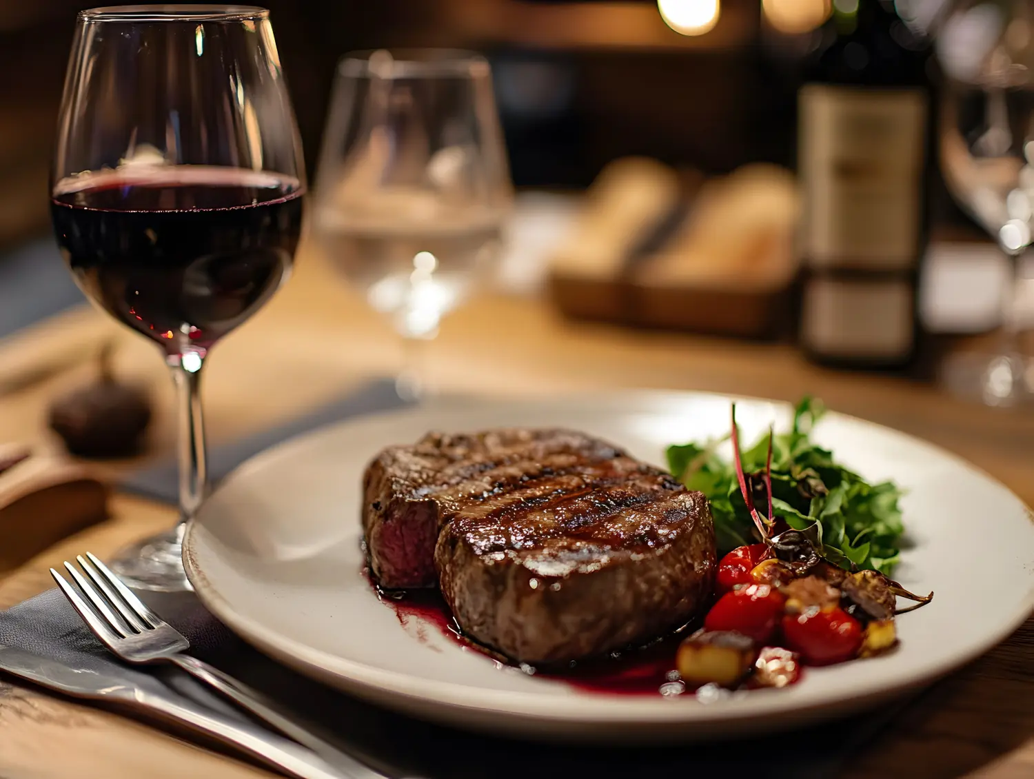 Champions Restaurant und Sportsbar - Genießen Sie frisch zubereitete Speisen, kühle Getränke - 42. Ein gehobenes Steak-Dinner mit Rotwein und elegantem Anrichten