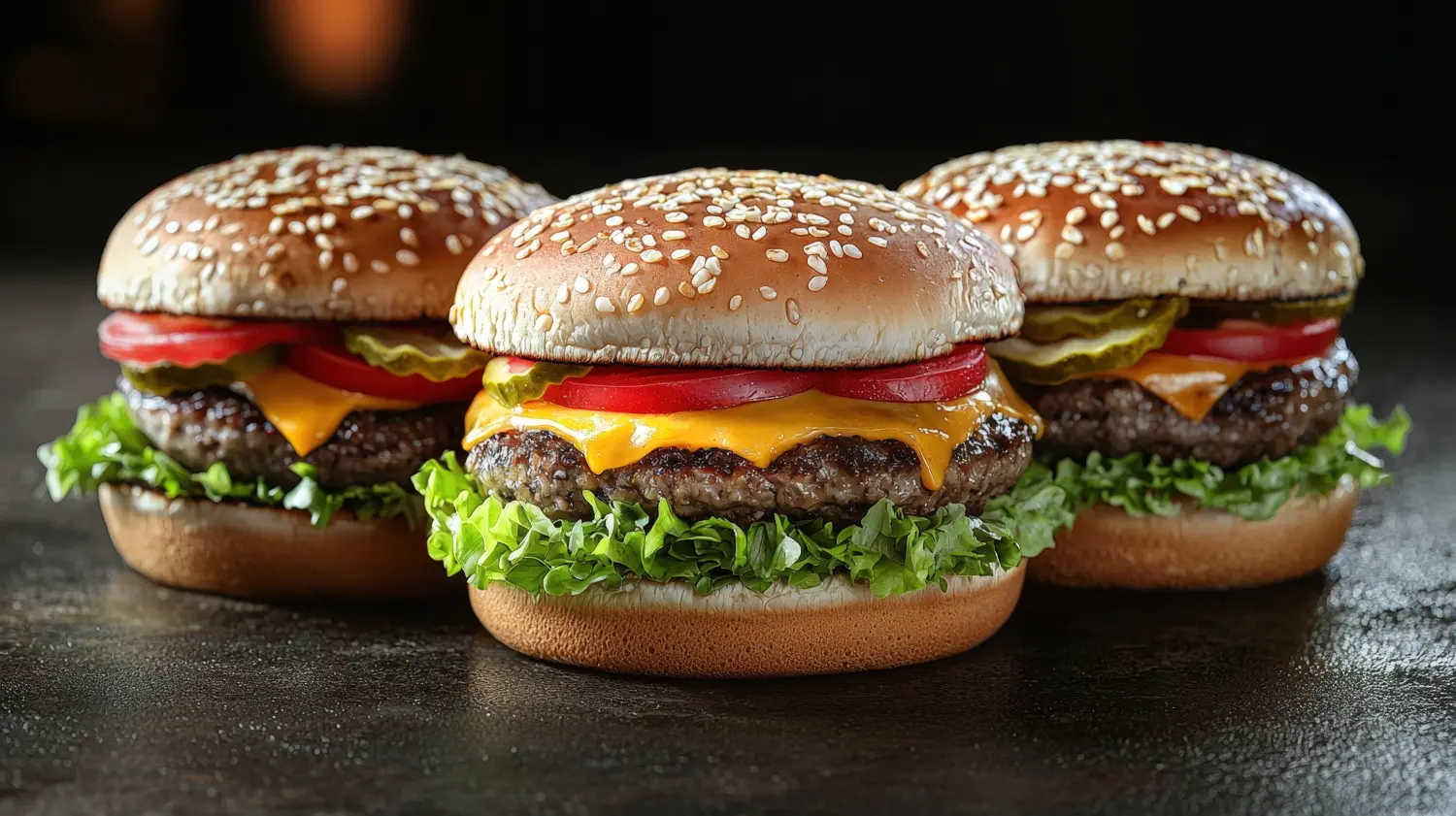Champions Restaurant und Sportsbar - Genießen Sie frisch zubereitete Speisen, kühle Getränke - Drei köstliche Cheeseburger mit Salat, Tomaten, Gurken und Käse auf Sesambrötchen, serviert auf dunklem Untergrund mit frischen Zutaten.